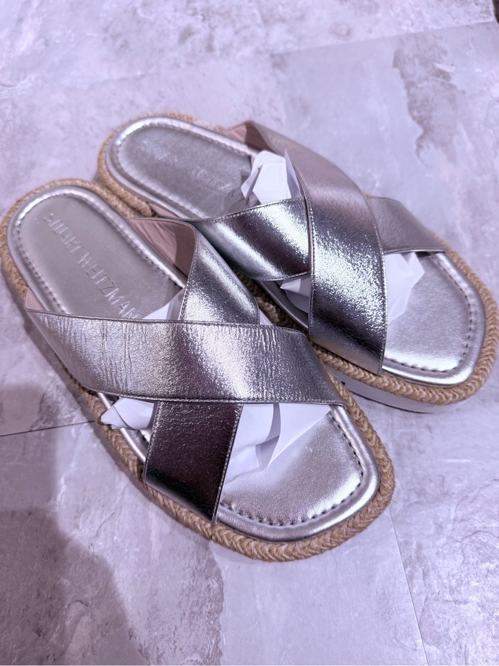 Stuart Weitzman Roza Lift Slide Sandals Silver Metallic Espadrille Cross-Strap